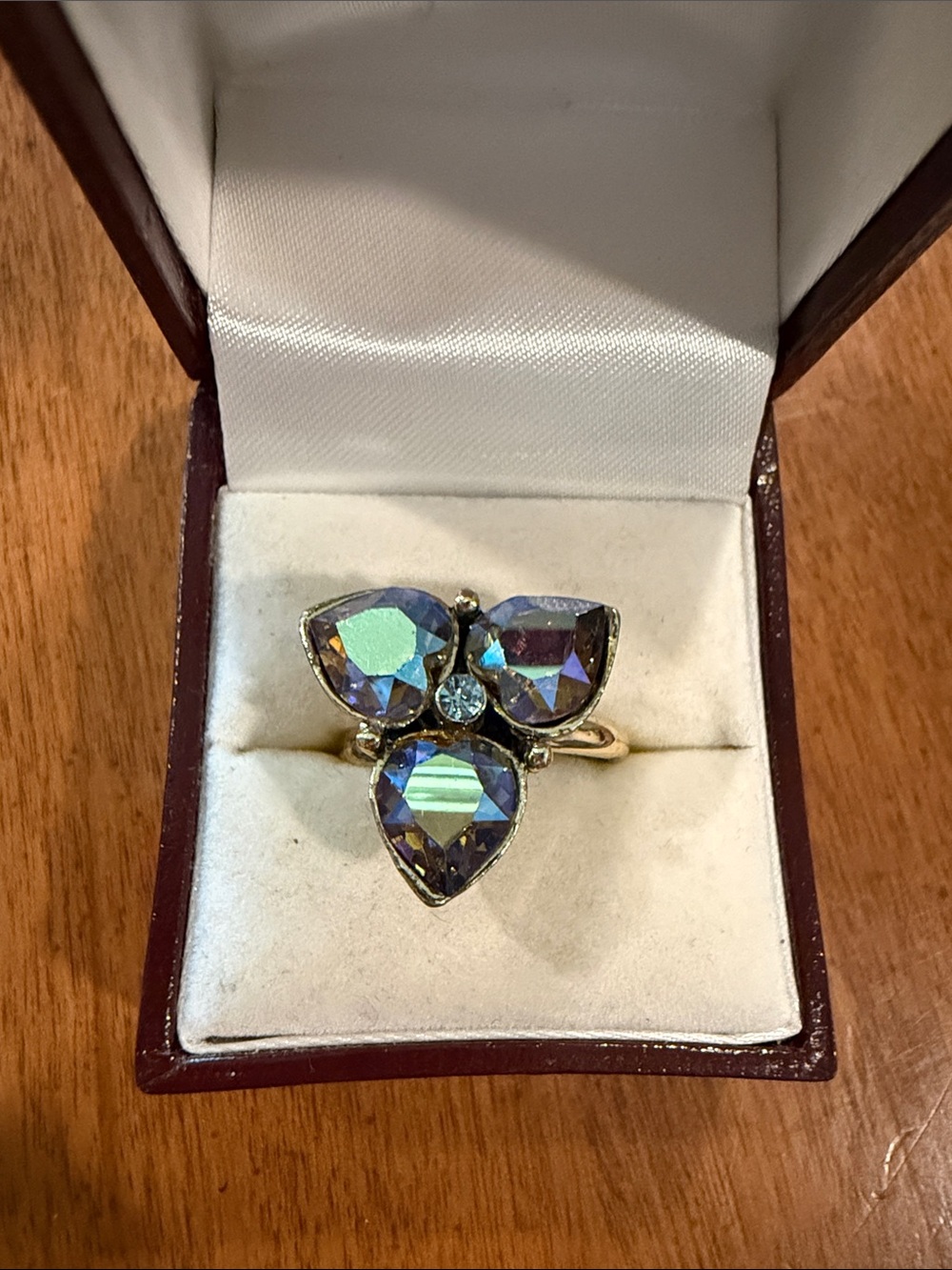 Adjustable Gold-Tone Ring with Iridescent Purple-Blue Teardrop Stones